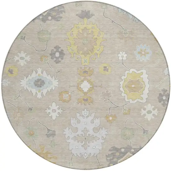 8' Ivory And Gray Round Oriental Washable Indoor Outdoor Area Rug Photo 3