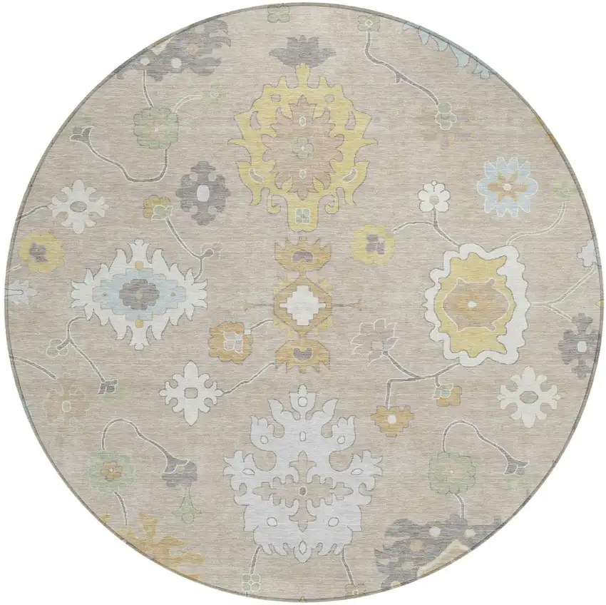 8' Ivory And Gray Round Oriental Washable Indoor Outdoor Area Rug Photo 3