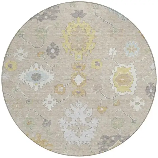 8' Ivory And Gray Round Oriental Washable Indoor Outdoor Area Rug Photo 2