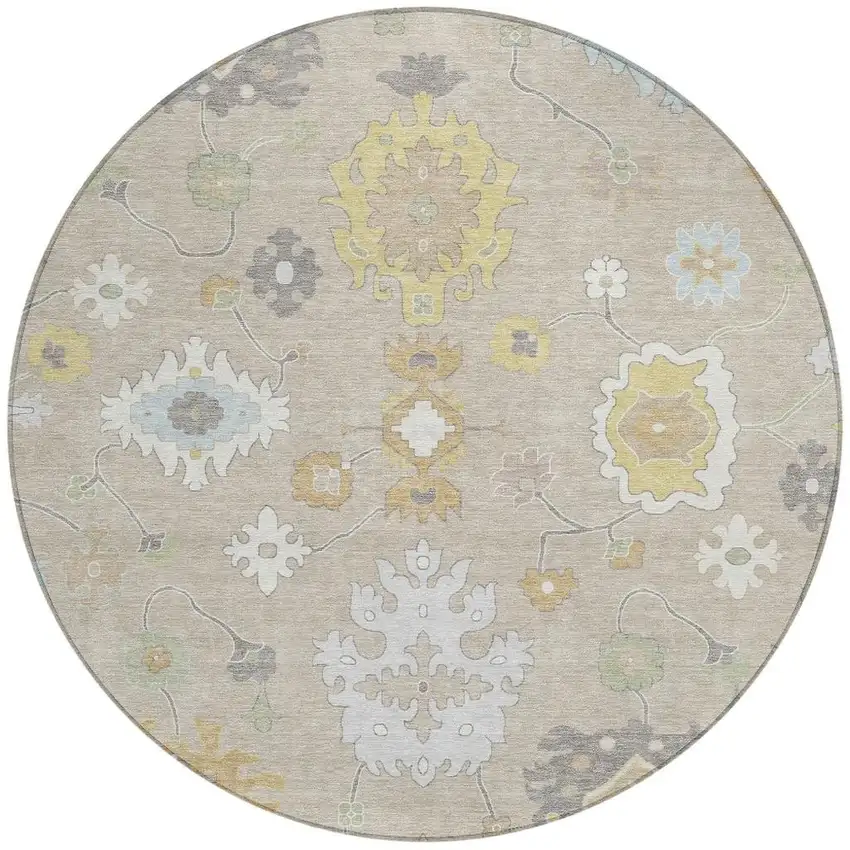 8' Ivory And Gray Round Oriental Washable Indoor Outdoor Area Rug Photo 2