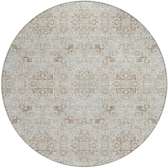 8' Ivory And Gray Round Oriental Washable Indoor Outdoor Area Rug Photo 2
