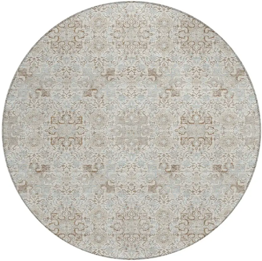 8' Ivory And Gray Round Oriental Washable Indoor Outdoor Area Rug Photo 2