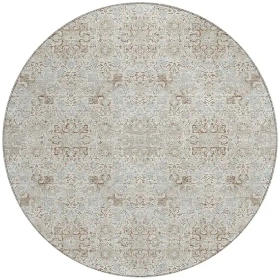 8' Ivory And Gray Round Oriental Washable Indoor Outdoor Area Rug Photo 4