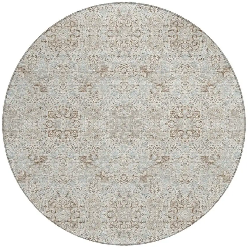 8' Ivory And Gray Round Oriental Washable Indoor Outdoor Area Rug Photo 4