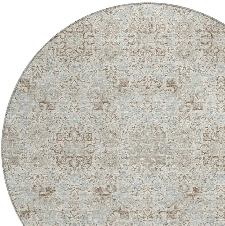 8' Ivory And Gray Round Oriental Washable Indoor Outdoor Area Rug Photo 3