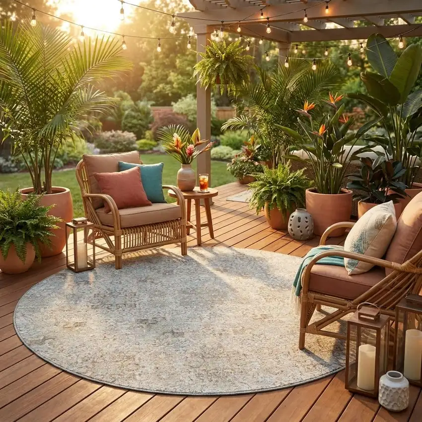 8' Ivory And Gray Round Oriental Washable Indoor Outdoor Area Rug Photo 1