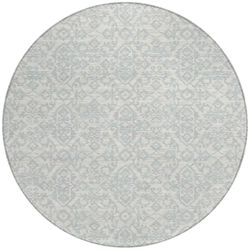 8' Ivory And Gray Round Oriental Washable Indoor Outdoor Area Rug Photo 4