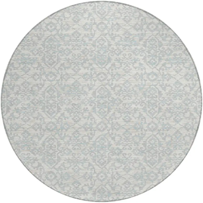 8' Ivory And Gray Round Oriental Washable Indoor Outdoor Area Rug Photo 2