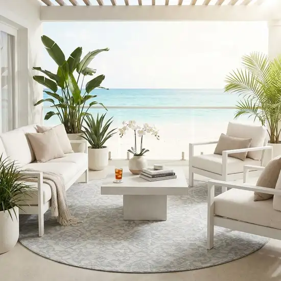 8' Ivory And Gray Round Oriental Washable Indoor Outdoor Area Rug Photo 1