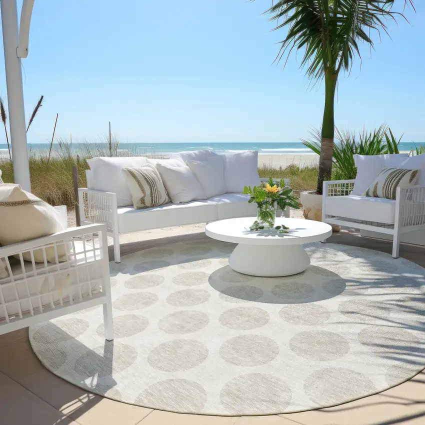 8' Ivory And Gray Round Polka Dot Washable Indoor Outdoor Area Rug Photo 5