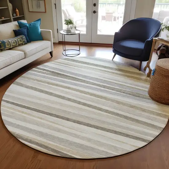 8' Ivory And Gray Round Striped Washable Indoor Outdoor Area Rug Photo 7