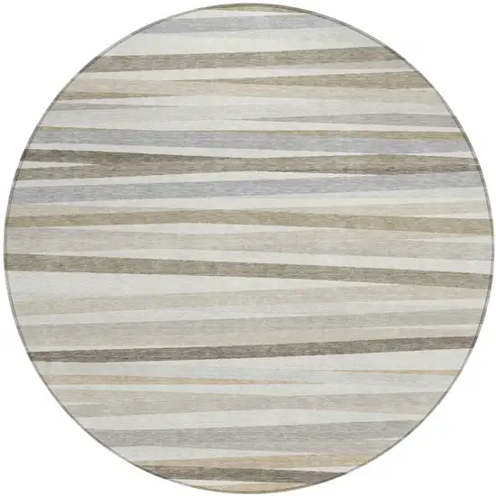 8' Ivory And Gray Round Striped Washable Indoor Outdoor Area Rug Photo 2