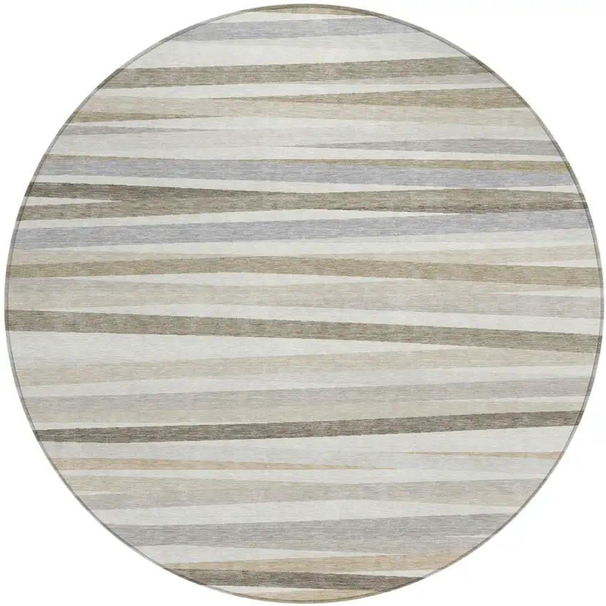 8' Ivory And Gray Round Striped Washable Indoor Outdoor Area Rug Photo 2
