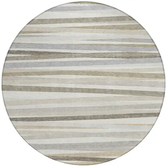 8' Ivory And Gray Round Striped Washable Indoor Outdoor Area Rug Photo 5