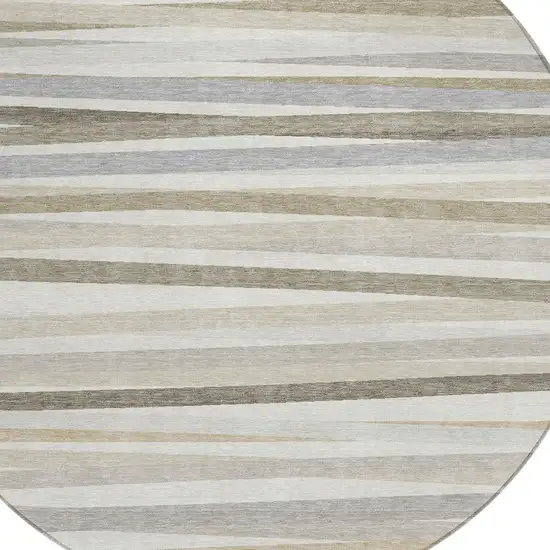 8' Ivory And Gray Round Striped Washable Indoor Outdoor Area Rug Photo 4