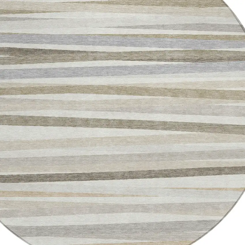 8' Ivory And Gray Round Striped Washable Indoor Outdoor Area Rug Photo 4