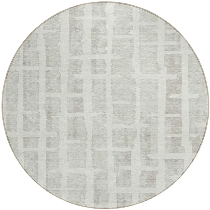 8' Ivory And Gray Round Striped Washable Indoor Outdoor Area Rug Photo 2
