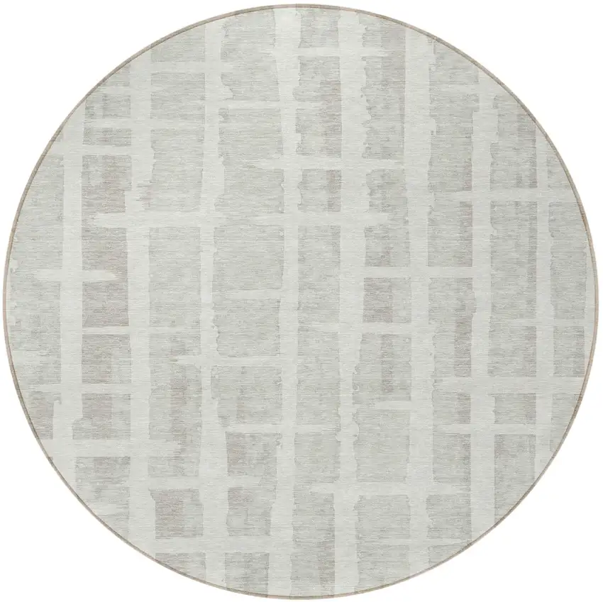 8' Ivory And Gray Round Striped Washable Indoor Outdoor Area Rug Photo 5