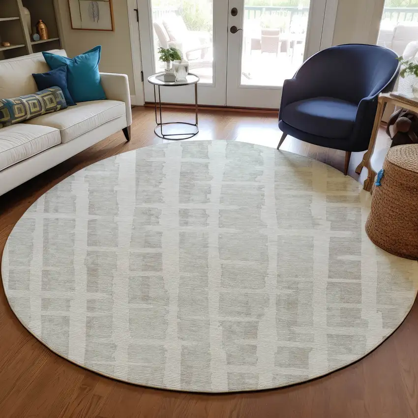 8' Ivory And Gray Round Striped Washable Indoor Outdoor Area Rug Photo 7