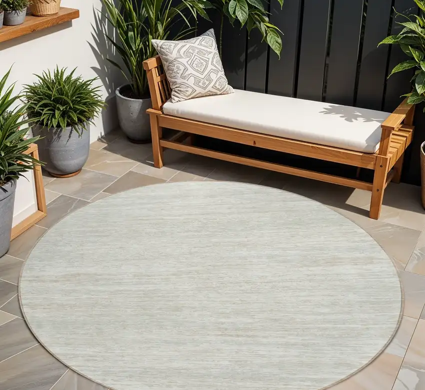 8' Ivory And Gray Round Striped Washable Indoor Outdoor Area Rug Photo 1