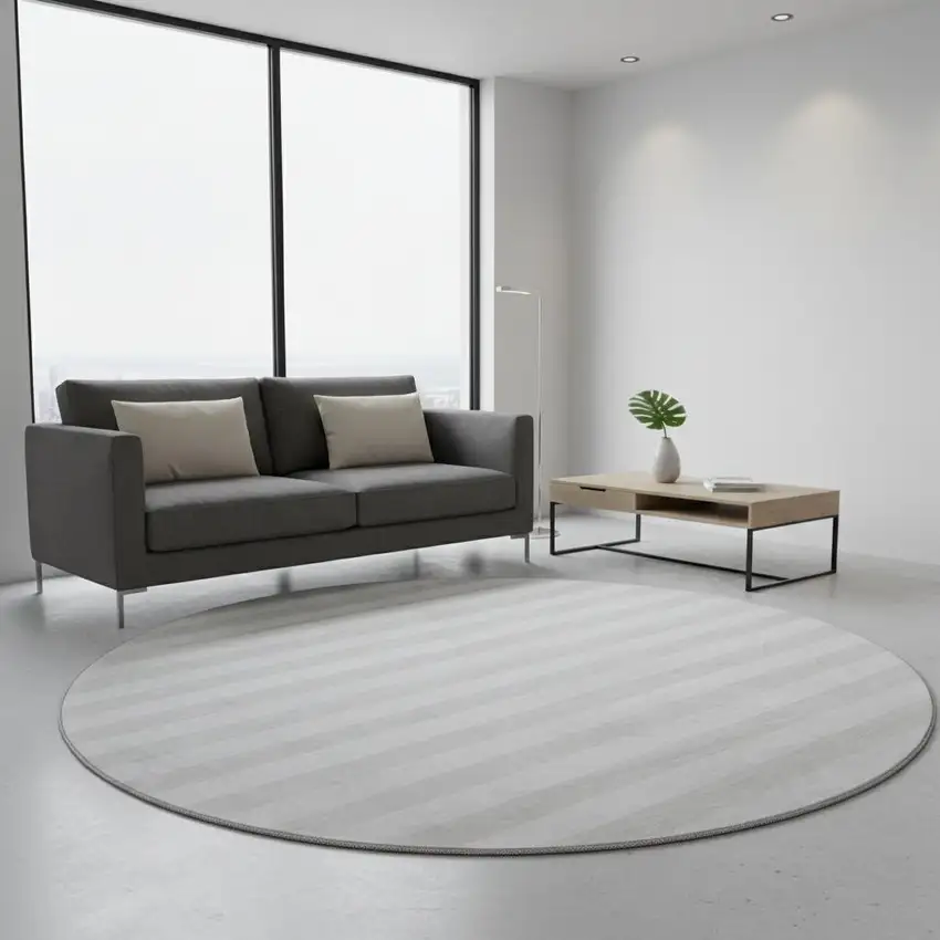 8' Ivory And Gray Striped Washable Round Rug With UV Protection Photo 2