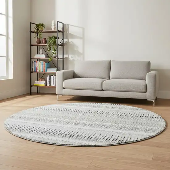 8' Ivory And Gray Striped Washable Round Rug With UV Protection Photo 2
