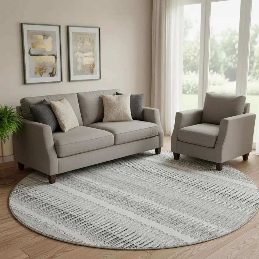 8' Ivory And Gray Striped Washable Round Rug With UV Protection Photo 1