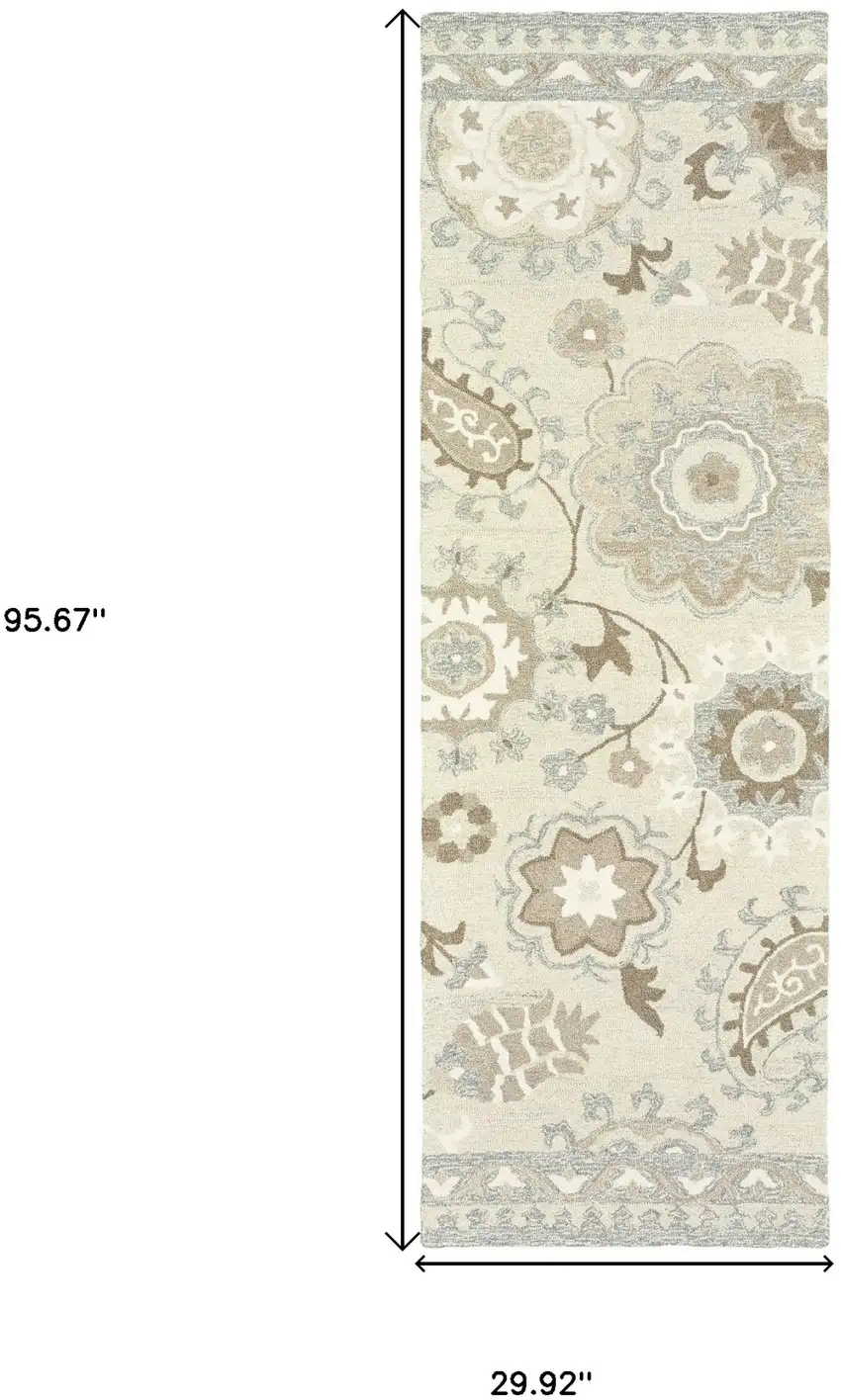 8' Ivory And Gray Wool Floral Hand Tufted Runner Rug Photo 3