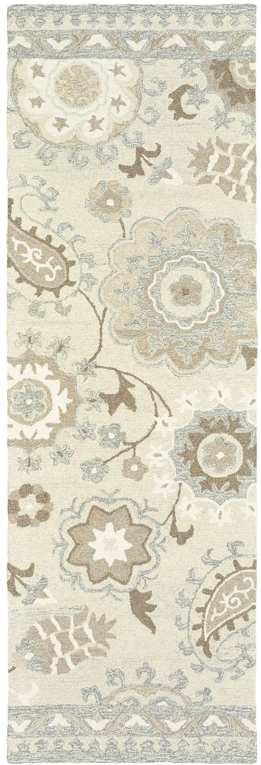 8' Ivory And Gray Wool Floral Hand Tufted Runner Rug Photo 2