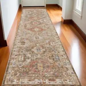 Photo of 10' Ivory And Green Oriental Distressed Runner Rug