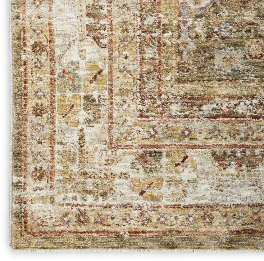 10' Ivory And Green Oriental Distressed Runner Rug Photo 6