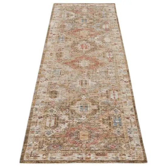 10' Ivory And Green Oriental Distressed Runner Rug Photo 2