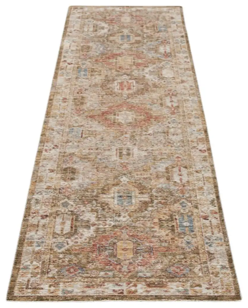 10' Ivory And Green Oriental Distressed Runner Rug Photo 2