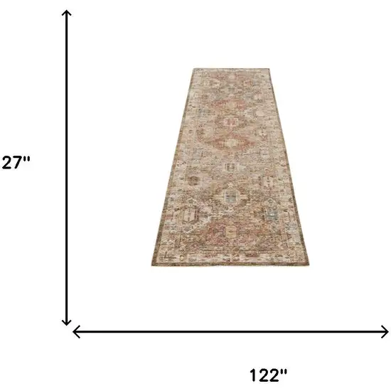 10' Ivory And Green Oriental Distressed Runner Rug Photo 3