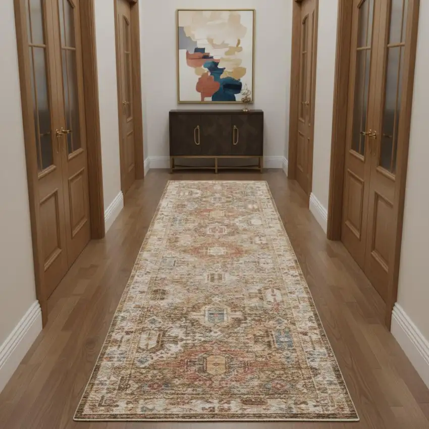 10' Ivory And Green Oriental Distressed Runner Rug Photo 1