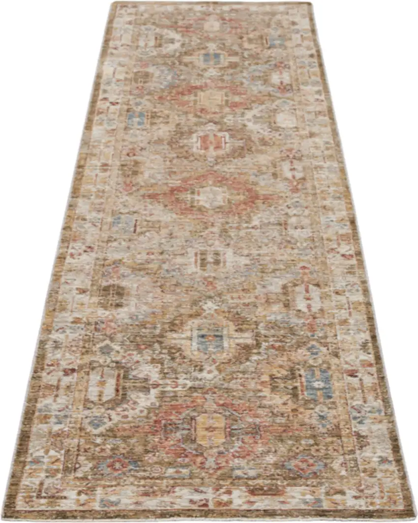 10' Ivory And Green Oriental Distressed Runner Rug Photo 2