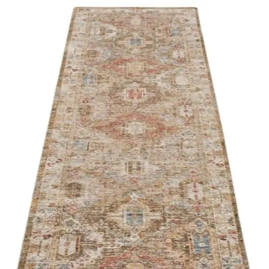 10' Ivory And Green Oriental Distressed Runner Rug Photo 6