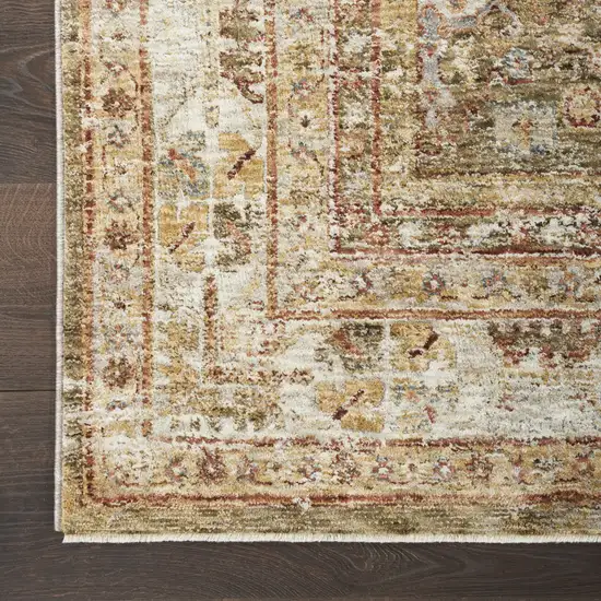 10' Ivory And Green Oriental Distressed Runner Rug Photo 8
