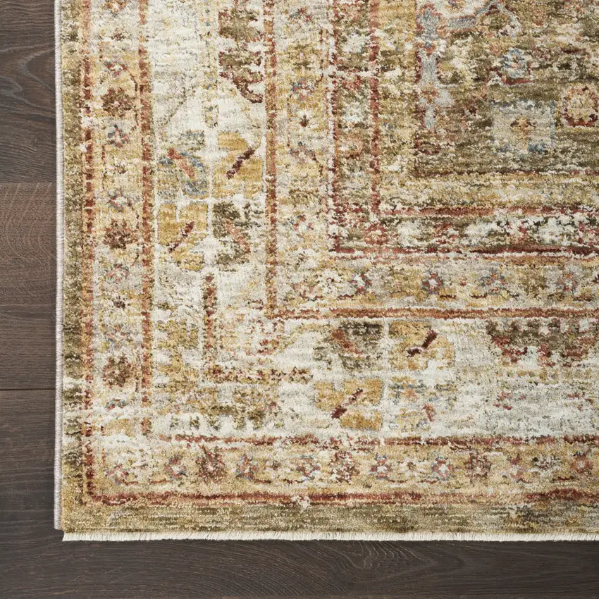 10' Ivory And Green Oriental Distressed Runner Rug Photo 8