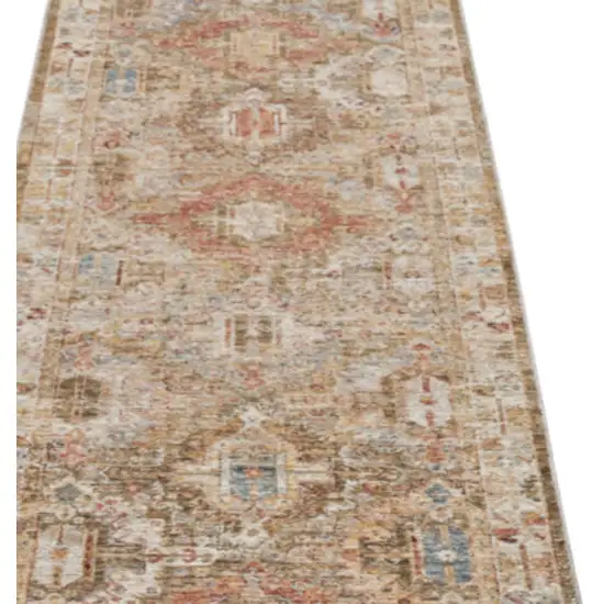 10' Ivory And Green Oriental Distressed Runner Rug Photo 4