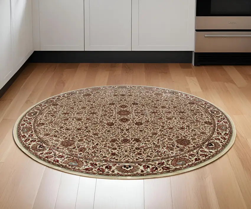 6' Ivory And Green Oriental Round Rug Photo 1