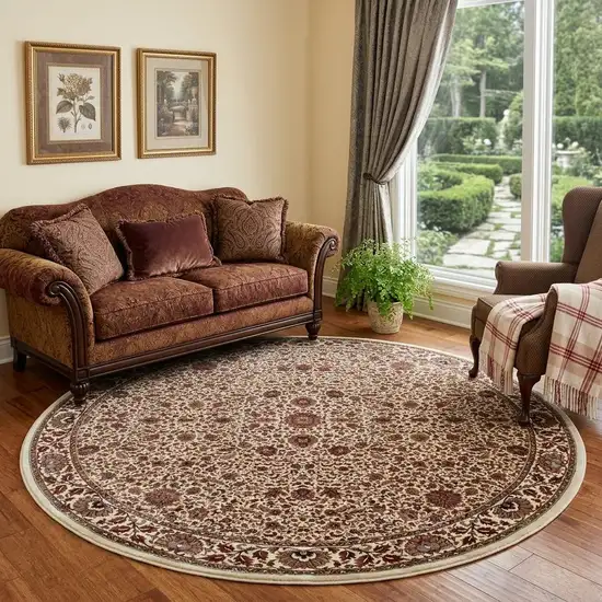 8' Ivory And Green Oriental Round Rug Photo 1