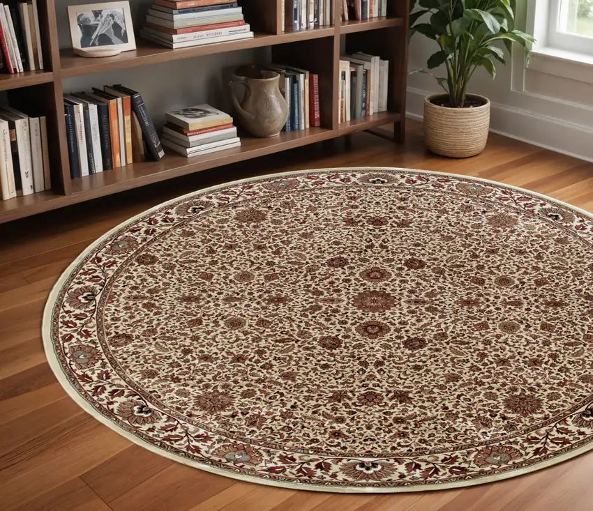 8' Ivory And Green Oriental Round Rug Photo 1