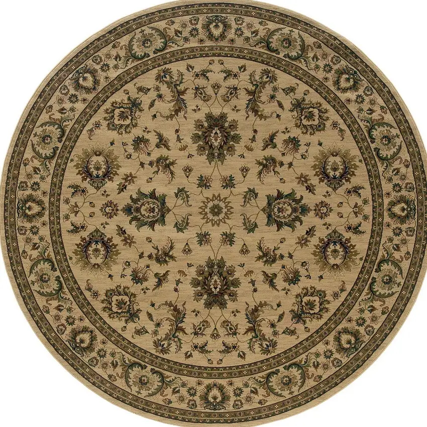 6' Ivory And Green Oriental Round Rug Photo 4