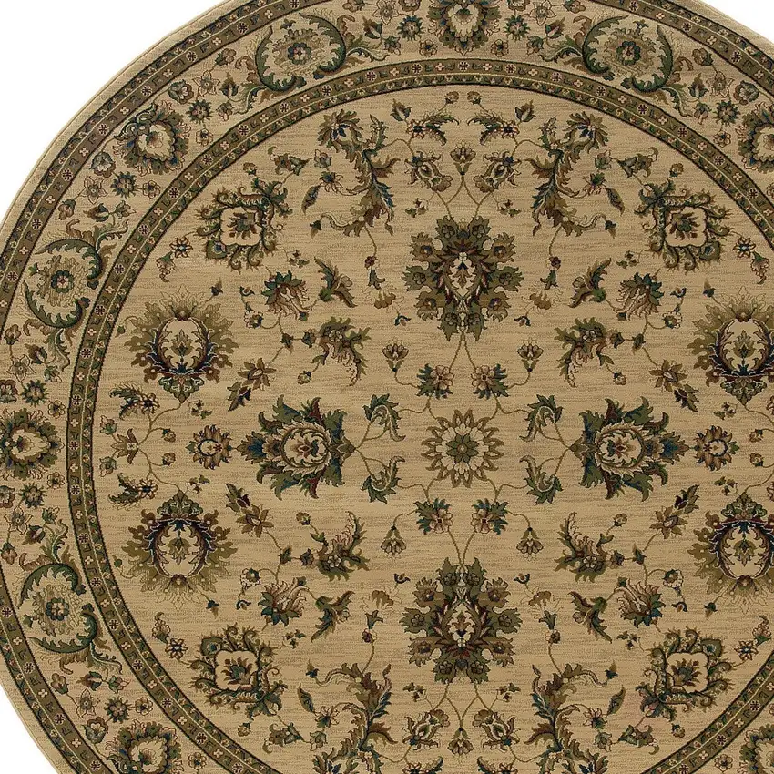 6' Ivory And Green Oriental Round Rug Photo 5