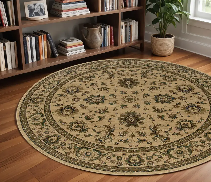 8' Ivory And Green Oriental Round Rug Photo 1