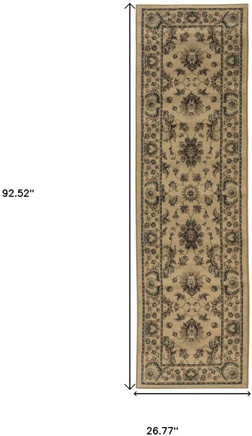 8' Ivory And Green Oriental Runner Rug Photo 3