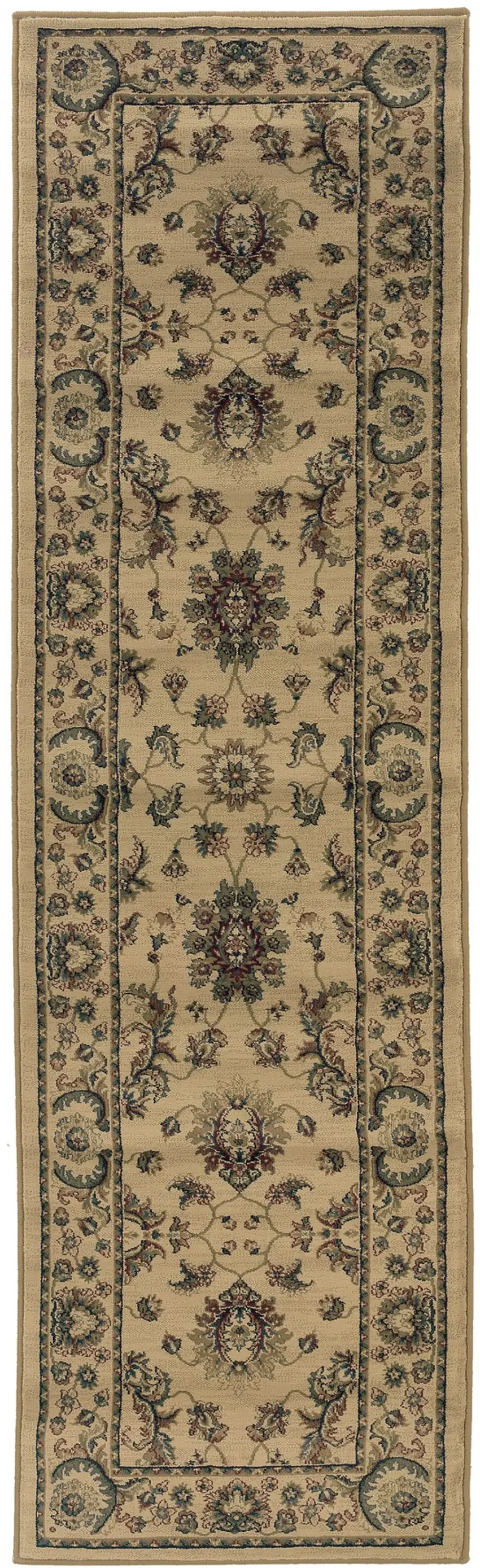 8' Ivory And Green Oriental Runner Rug Photo 2