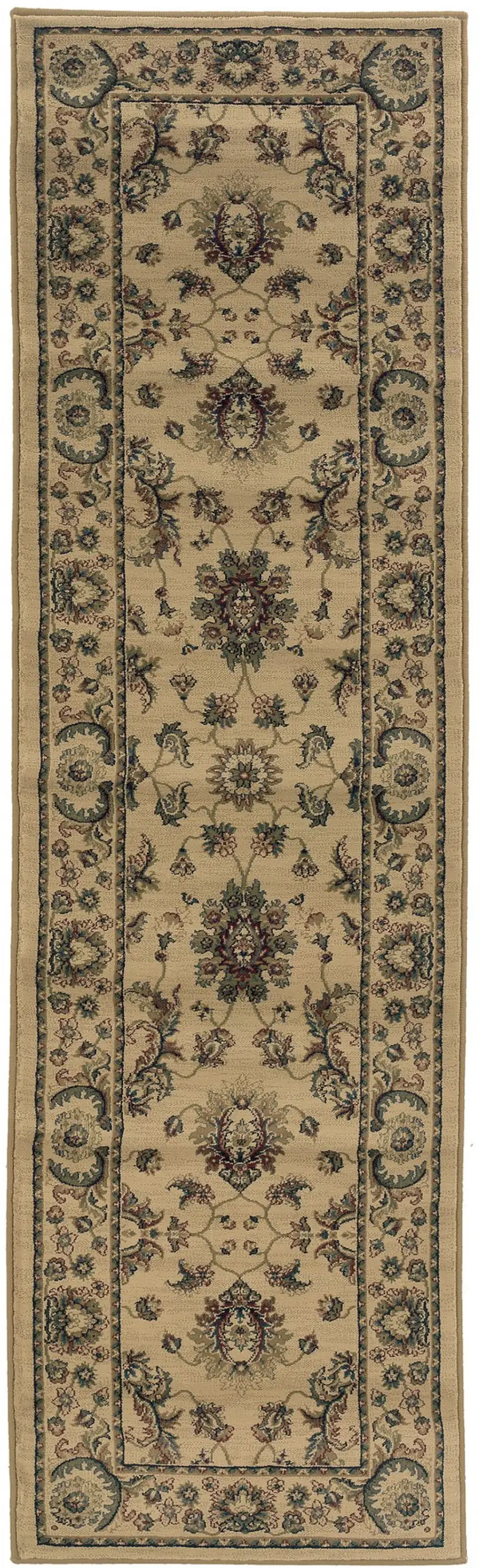 8' Ivory And Green Oriental Runner Rug Photo 4