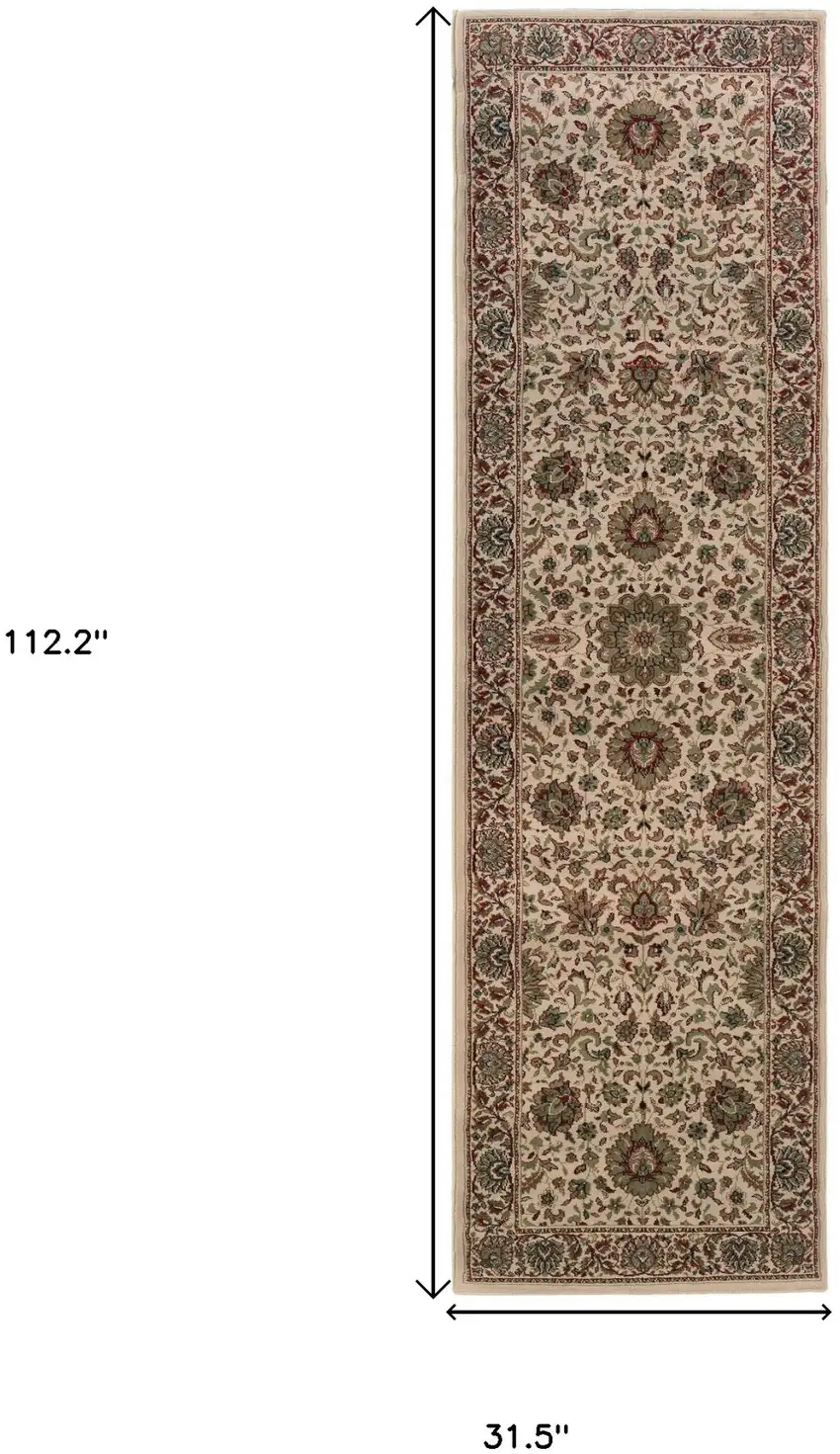 9' Ivory And Green Oriental Runner Rug Photo 3